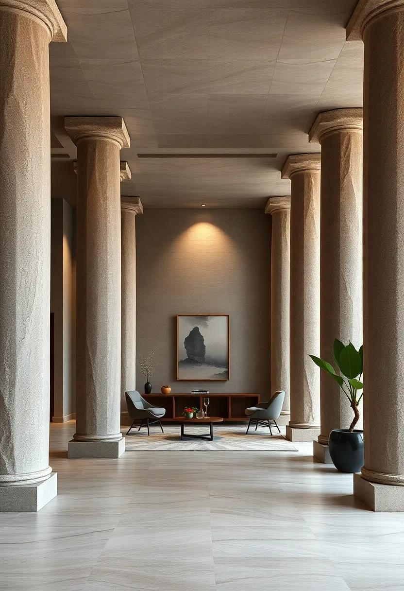 The Fusion of Modern Minimalism and Ancient Stone Columns in Contemporary Entrances