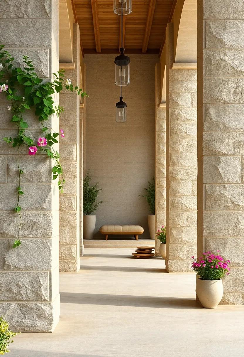 The Intersection of Nature and Architecture Seen Through Stone Columns Embraced by Wildflowers and Vines