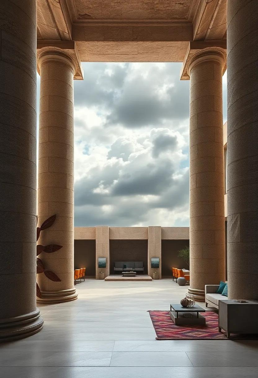 Massive Stone Columns Highlighted by Dramatic Stormy Skies, Symbolizing Unyielding Strength