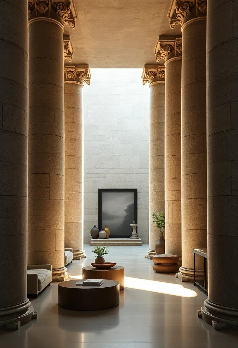 The Play of Light and Shadow on Ornate Stone Columns Defining the Threshold of Sacred Spaces