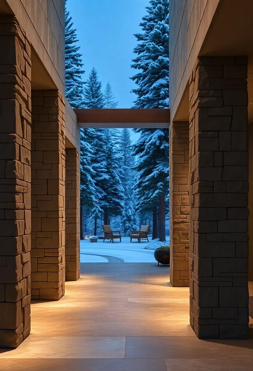 Rugged Stone Columns Against a Backdrop of Snow-Covered Pines Offering a Stark and Powerful Welcome