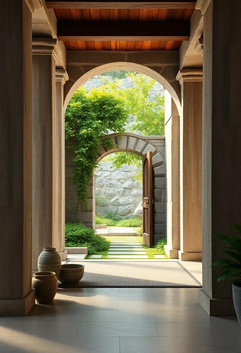 Rustic Elegance of Moss-Covered Stone Columns Framing a Forgotten Garden Gateway