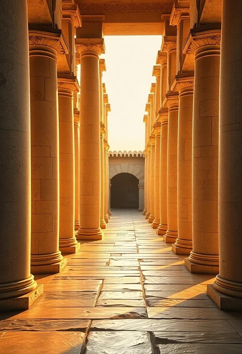 Silent Pillars Bathed in Golden Hour Light Casting Long Shadows on Ancient Pathways