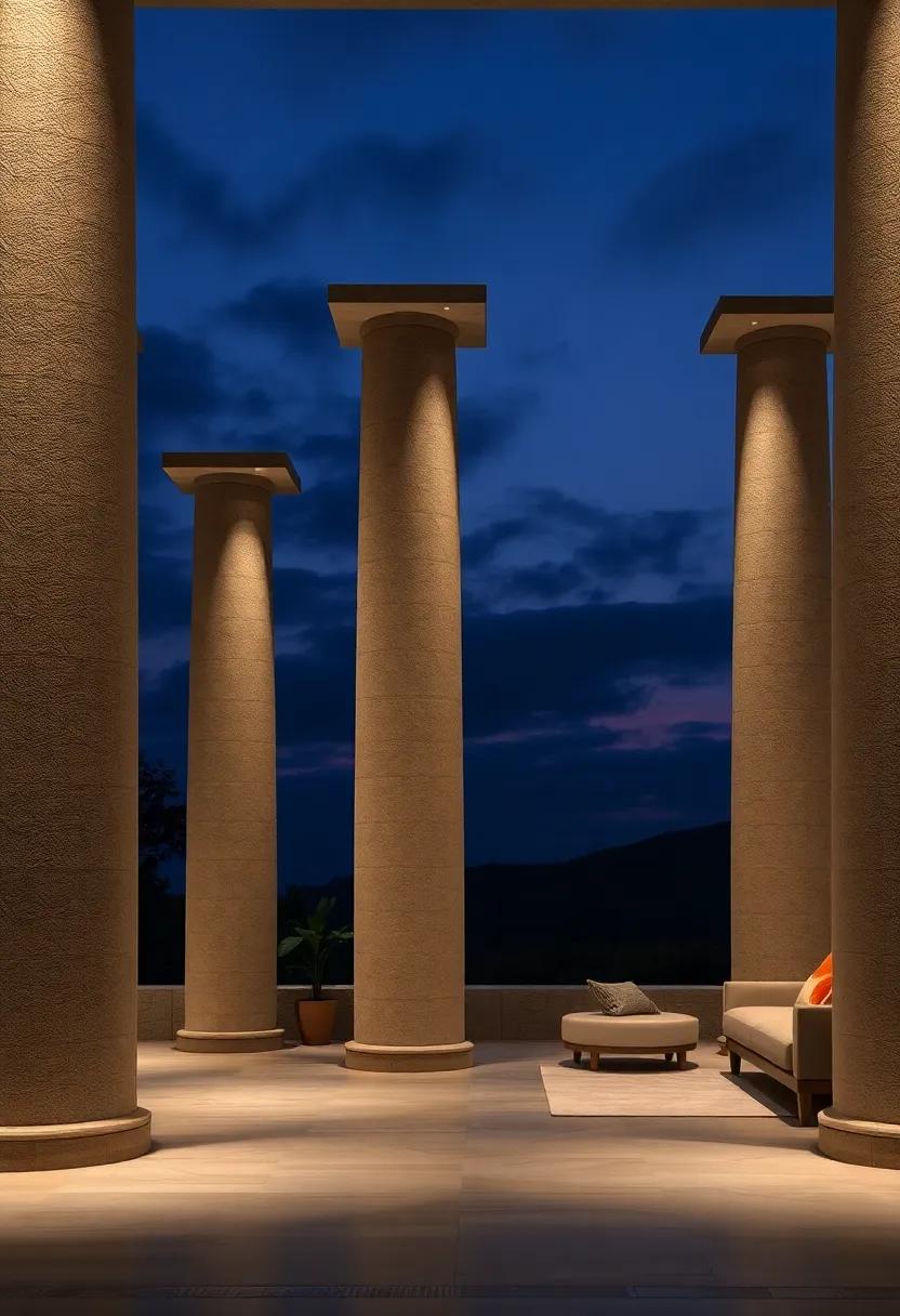 The Silhouette of Stone Columns Against a Twilight Sky, Evoking Mystery and Quiet Vigilance