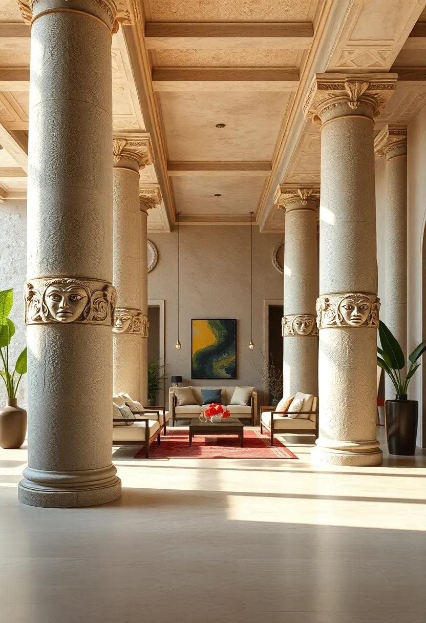 Stone Columns Embellished with Sculpted Faces and Symbols Echoing Ancestral Wisdom