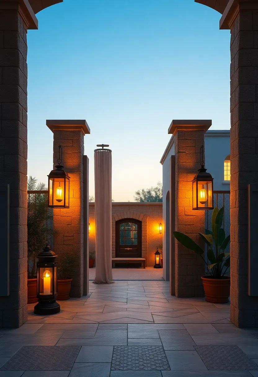 Stone Gate Columns Flanked by Vintage Lanterns Casting a Warm Inviting Glow at Dusk
