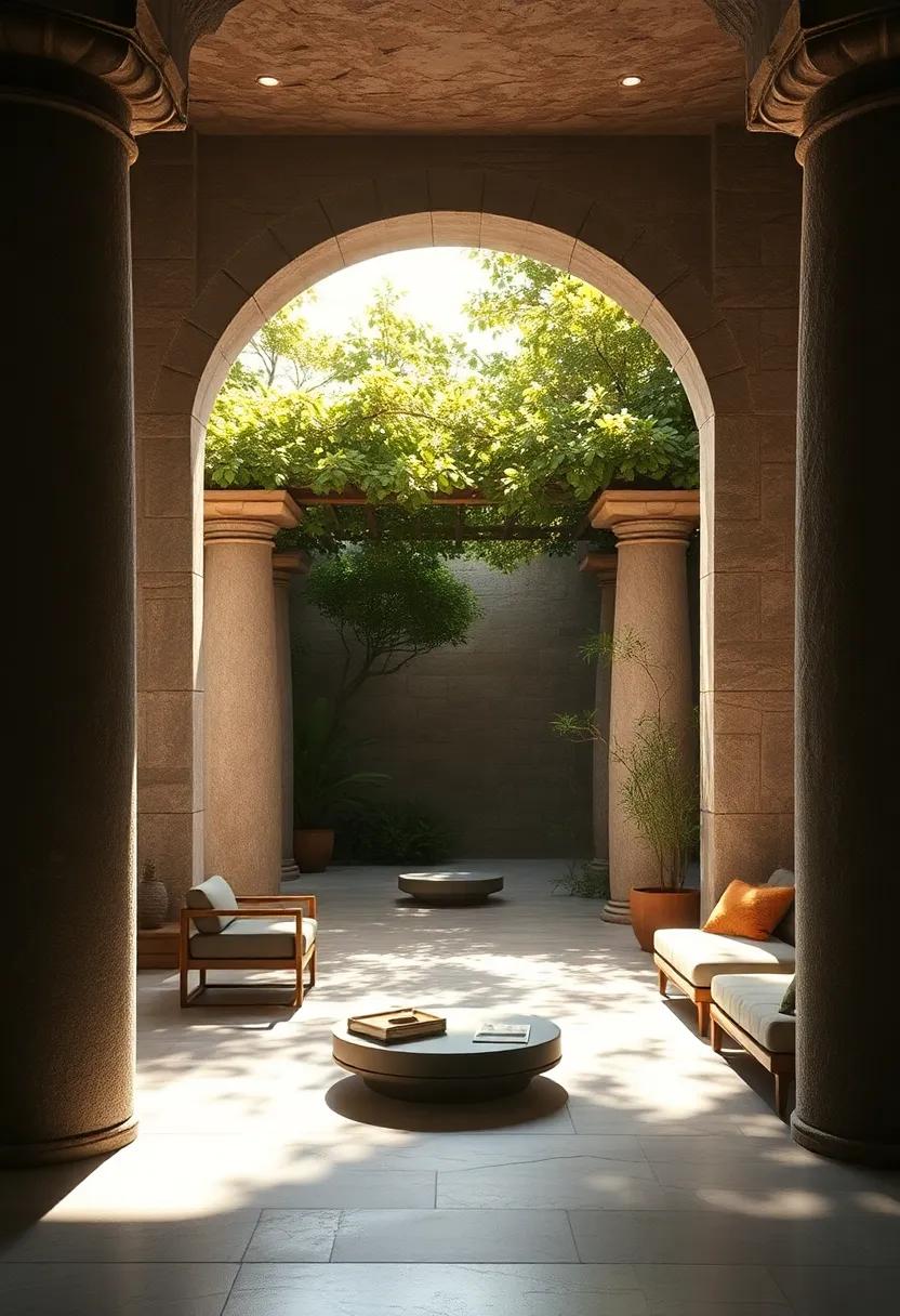 Sunlight Filtering Through Ancient Arbor Framed by Stone Gate Columns in a Hidden Sanctuary