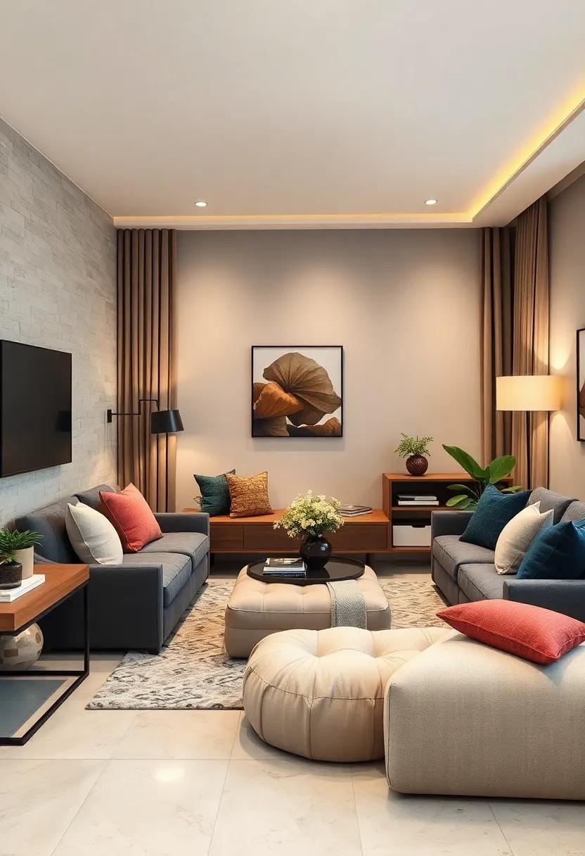 Decorate with dual-purpose poufs‍ that offer‍ extra seating and can also hold spare pillows or blankets inside