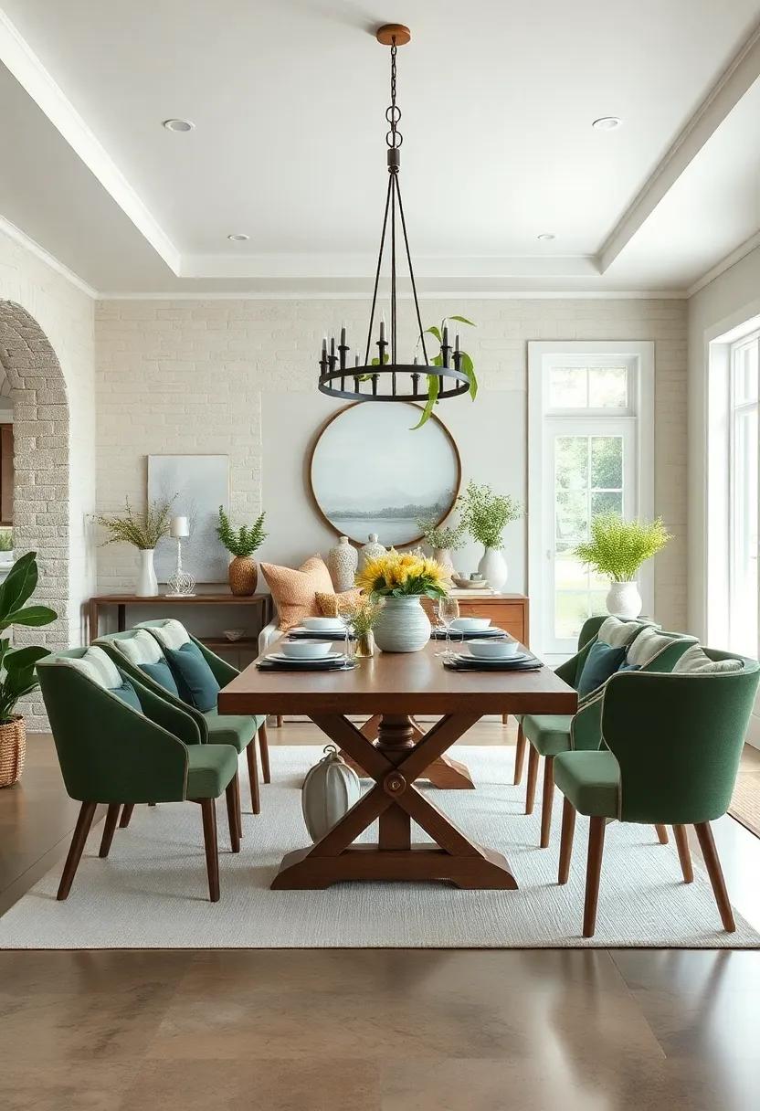 Farmhouse ⁤Chic: Create a cozy, inviting dining space with‍ large farmhouse tables, vintage dishware, and a palette of soft whites and muted greens for ⁤a relaxed, rustic feel