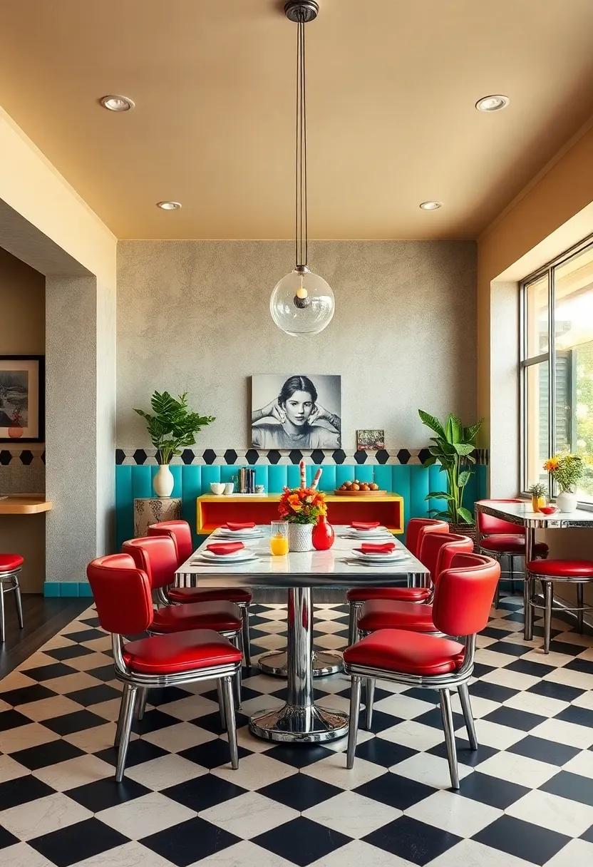 Retro Diner: Channel‍ a nostalgic vibe with bold colors, checkerboard patterns, and chrome accents for a playful dining room reminiscent of ⁤classic diners