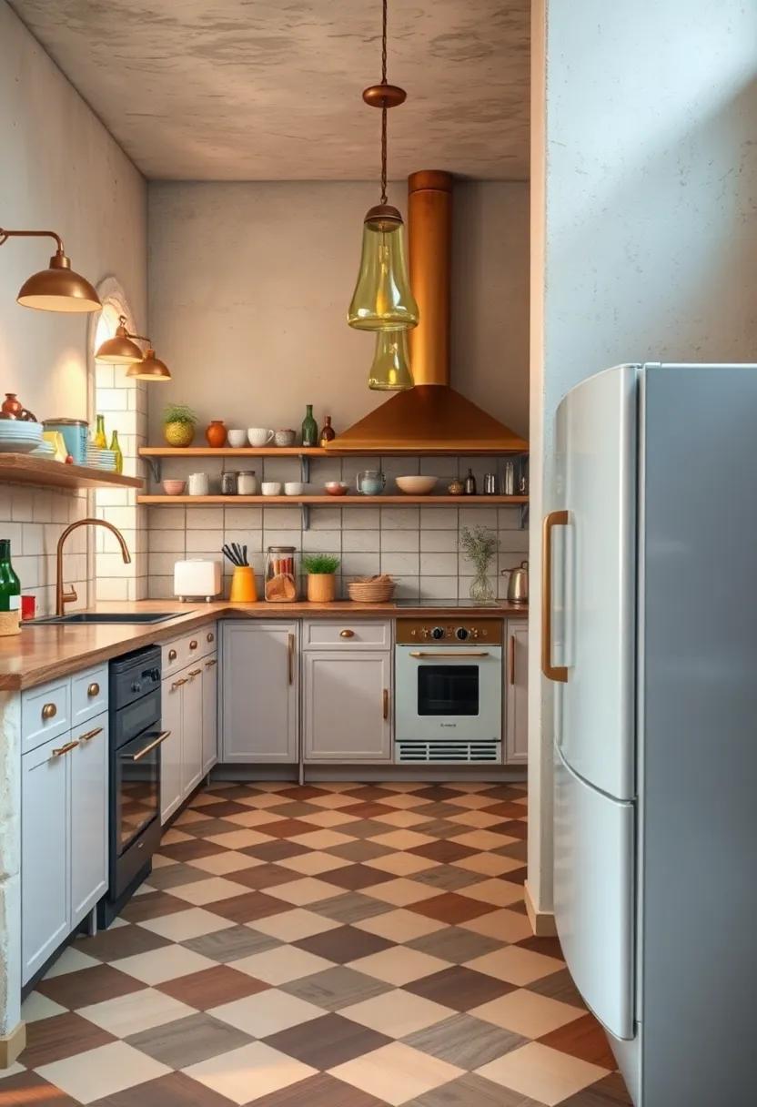 Brass and Copper Fixtures Reflecting Soft Light Over Checkerboard Patterned Floors