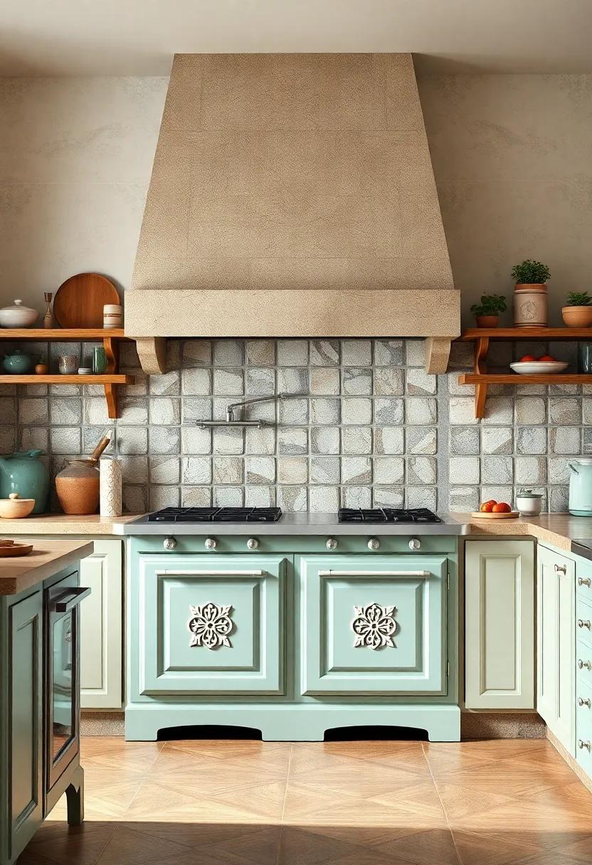 Briquette Oven Doors with Distinctive Patterns Standing Out in an Antique Kitchen Setting