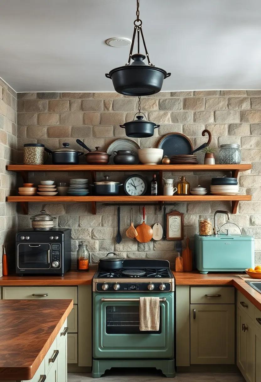 Cast Iron Cookware Hanging Harmoniously Above Rustic Open Shelves of a Vintage Kitchen