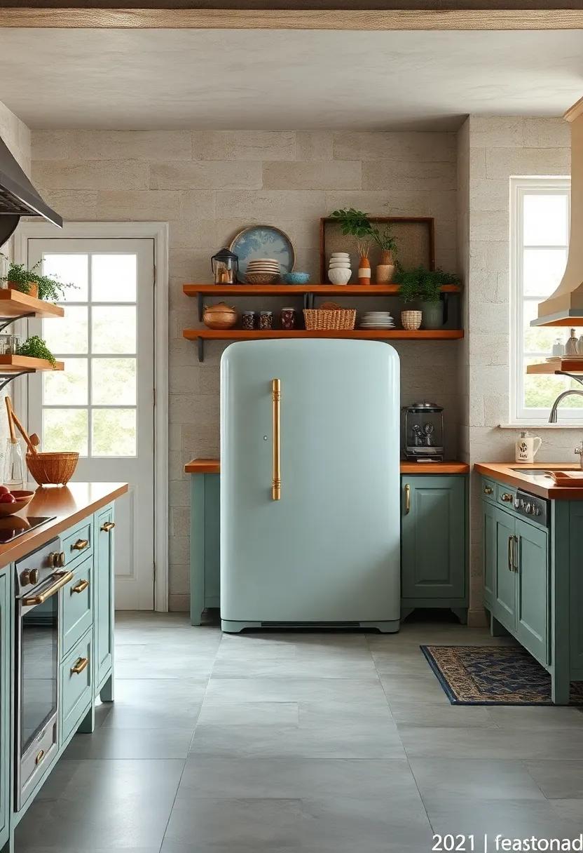 A Classic Icebox Refrigerator with Smooth Curves and Vintage Handles in a Country Kitchen