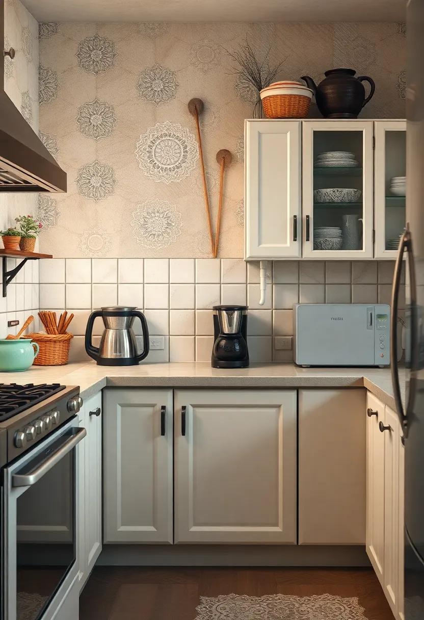 Delicate Lace Doilies Underneath Classic Coffee Makers in a Quiet Vintage Kitchen Corner
