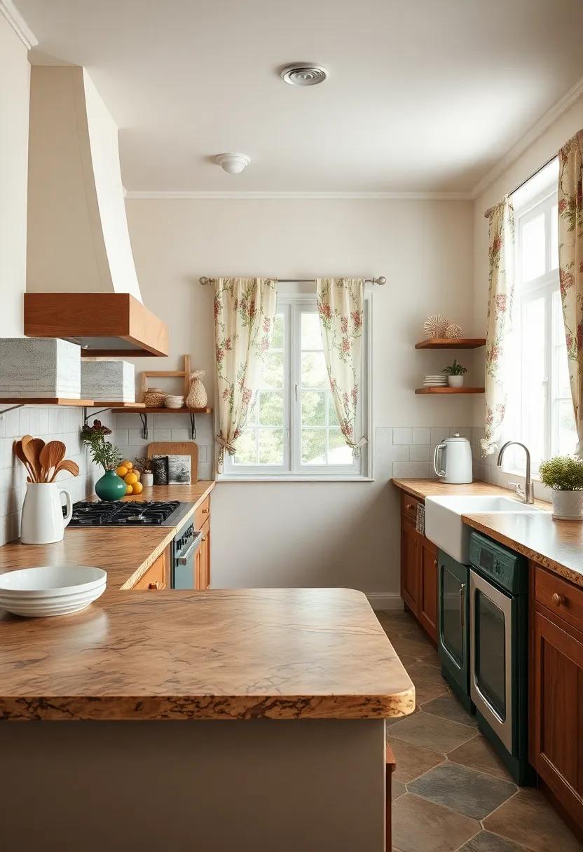Elegant Porcelain Sinks Nestled Amidst Classic Wooden Cabinets and Floral Curtains