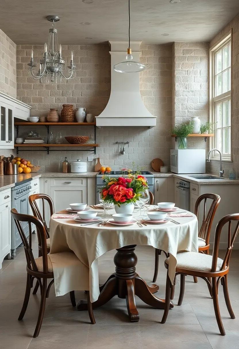 An Elegant Farmhouse Table Set with Fine China Amidst Timeless Kitchen Appliances
