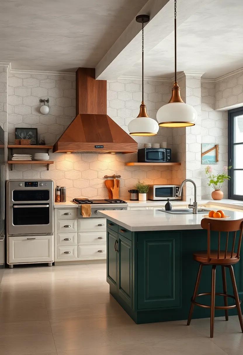 Gleaming Porcelain Light Fixtures Suspended Carefully Over a Vintage Kitchen Island