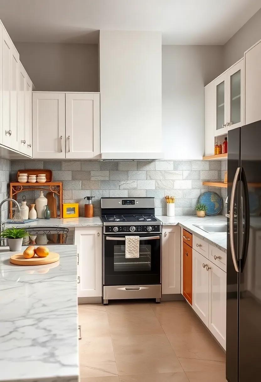 Luxurious Marble Countertops Contrasting with Retro Appliance Designs in a Timeless Kitchen Scene