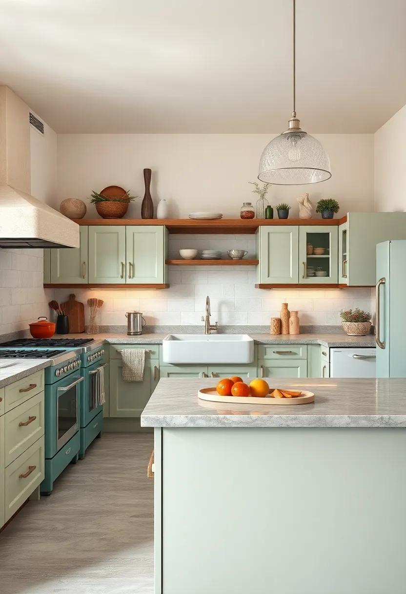Muted Pastel Cabinets Paired with Polished Chrome Handles in a Spacious Vintage Kitchen