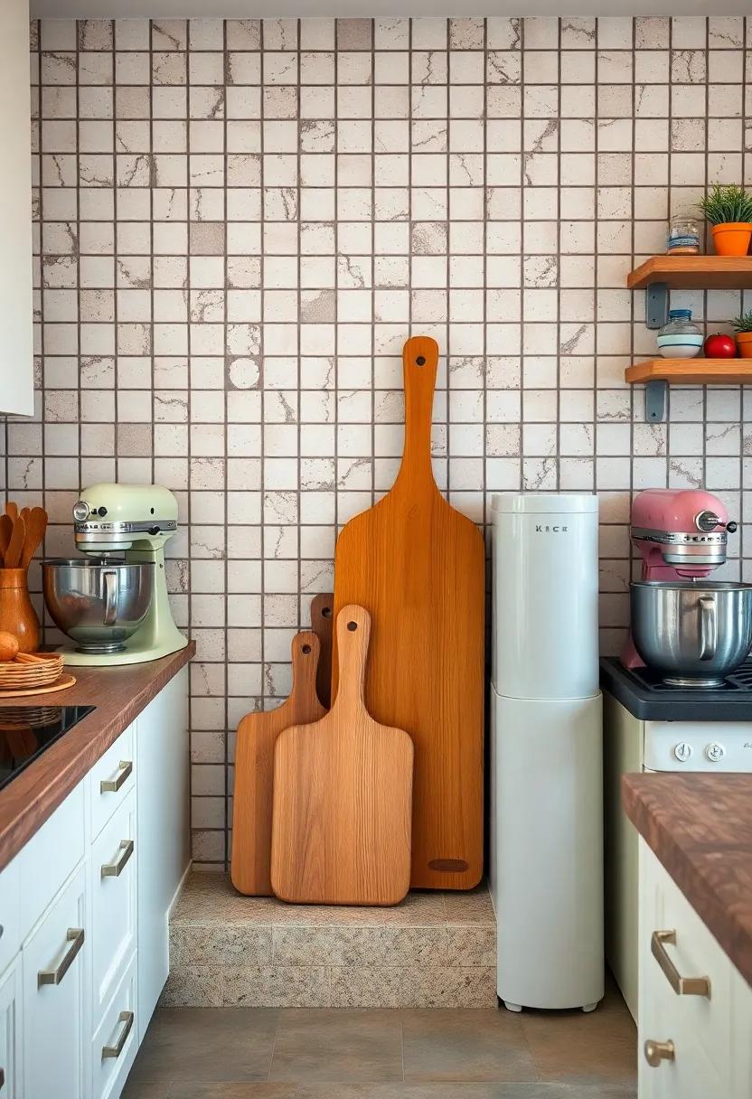 Polished Wooden Cutting Boards Leaning Against a Classic Checkerboard Wall Behind Vintage Mixers