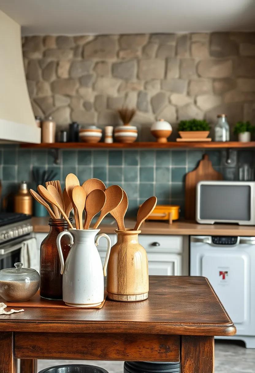 Polished Wooden Utensils Stored in Vintage Ceramic Jugs on an Antique Worktable With Classic Appliances