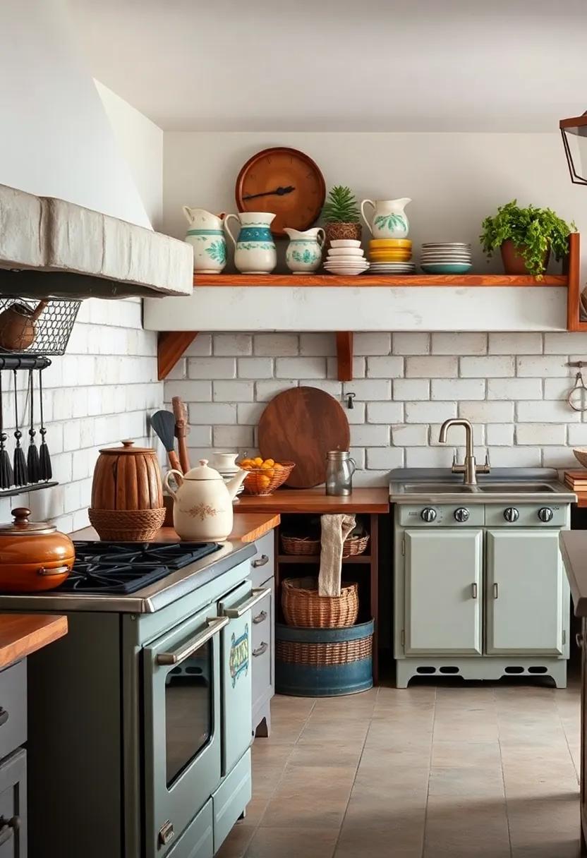 Quaint Ceramic Egg Baskets and Hand-Painted Pitchers on a Rustic Shelf Beside Old Stoves