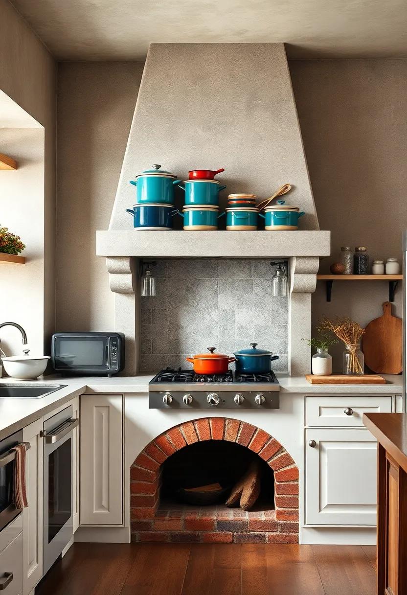 Retro Enamelware Pots and Pans Stacked Neatly Above a Classic Brick Oven Hearth