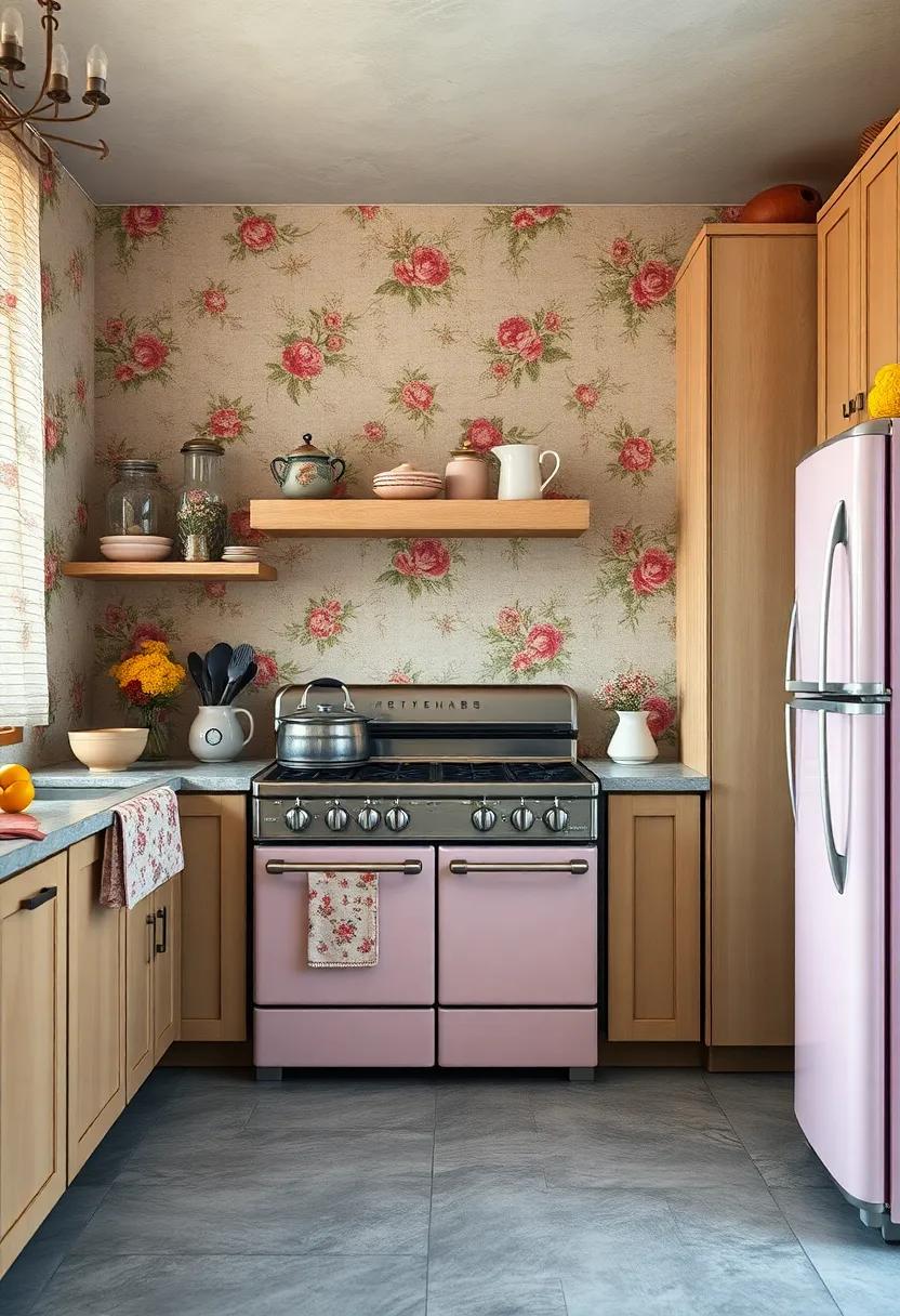 Softly Faded Wallpaper with Vintage Florals Surrounding Classic Stove and Refrigerator Units