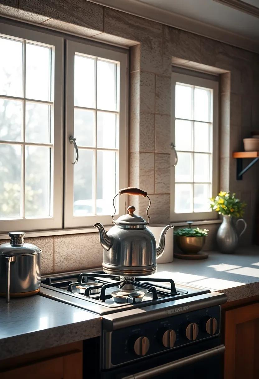 Sunlit Windows Framing an Old-Fashioned Tea Kettle Boiling Gently on a Classic Gas Stove
