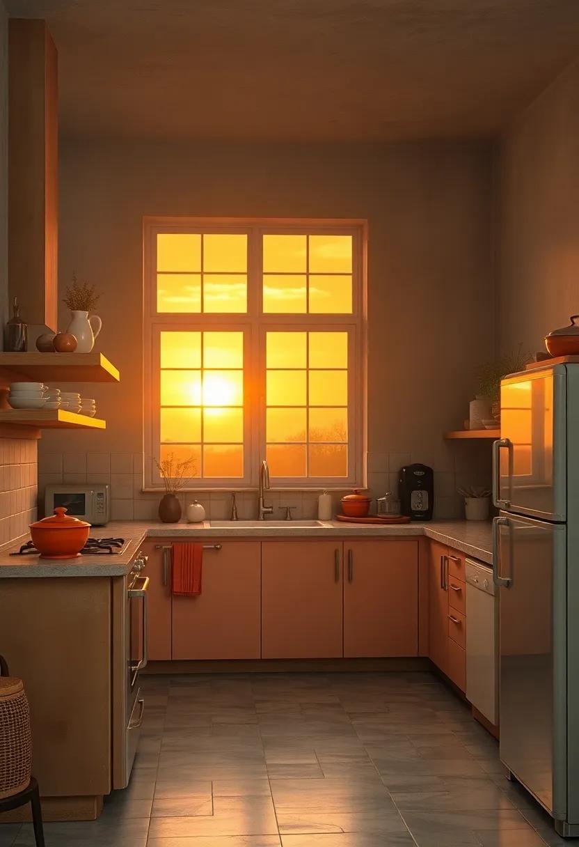 Sunset Glow Streaming Through Sepia-Tinted Glass Windows Over a Retro Baking Station