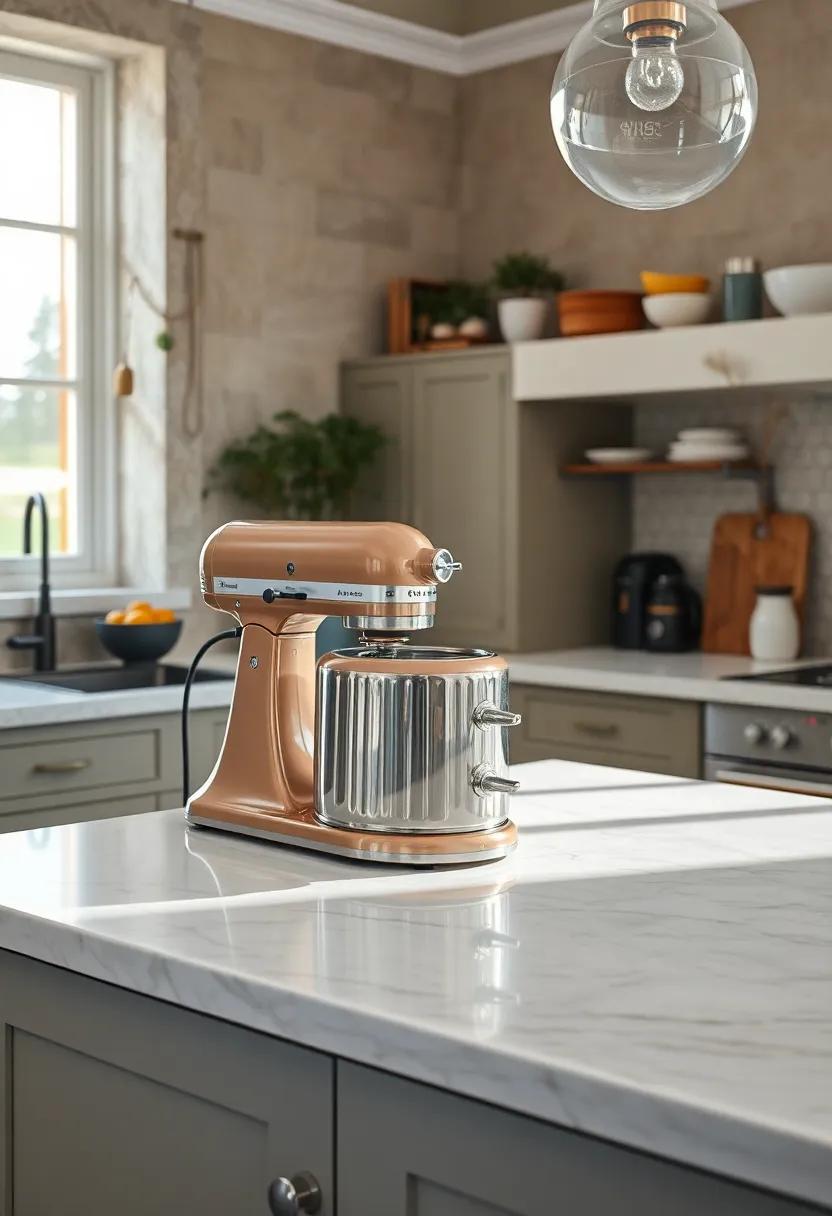 Vintage Toaster and Mixer Set Resting on a Crisp Marble Countertop with Soft Morning Sun
