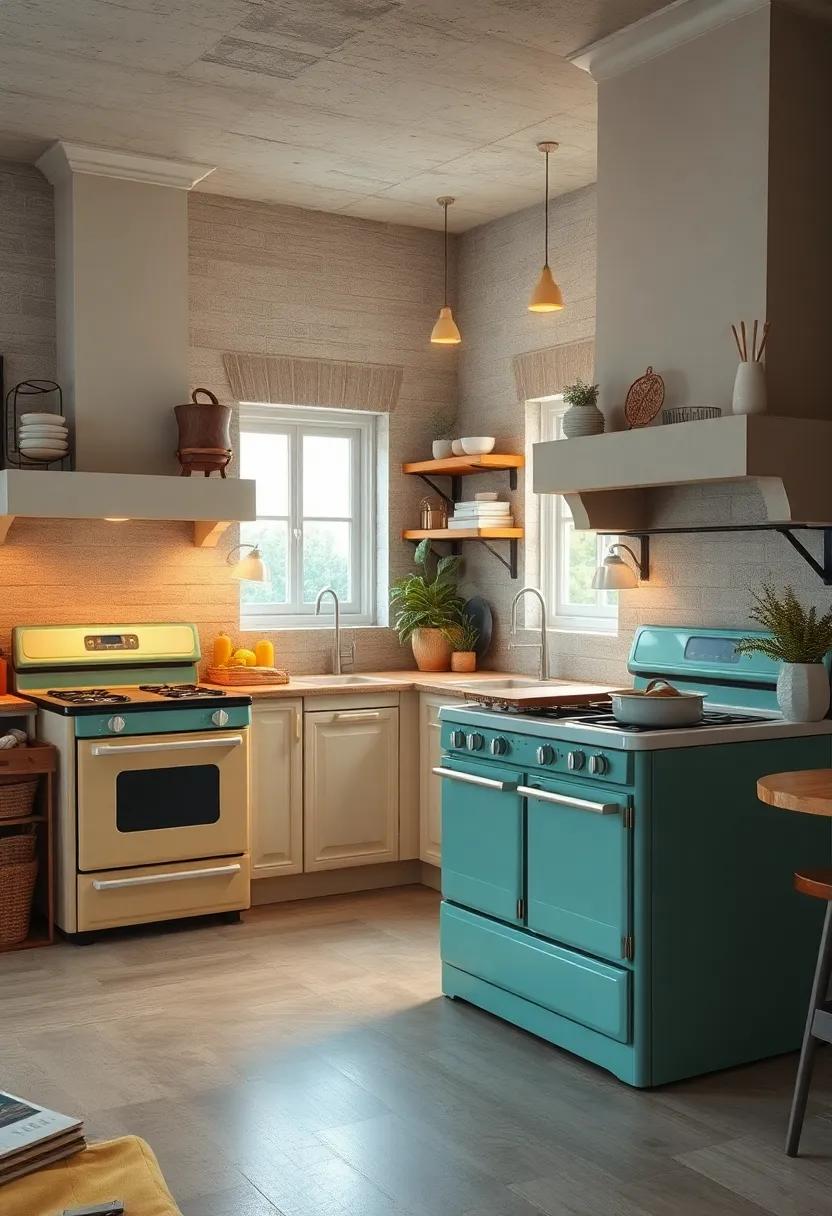 The Warm Glow of Retro Ovens Illuminating a Cozy Vintage Kitchen Space