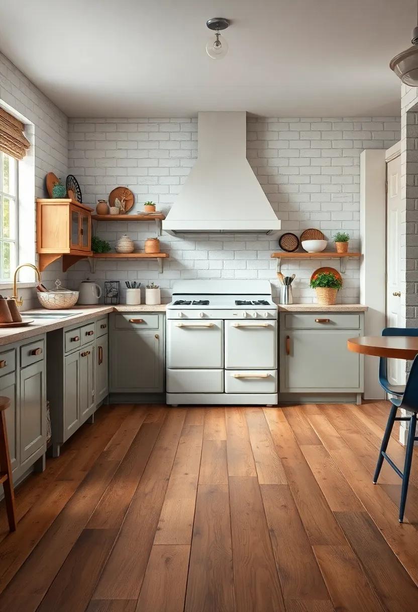 Worn Hardwood Flooring with Subtle Distress Marks Beneath a Timeless White Enamel Stove