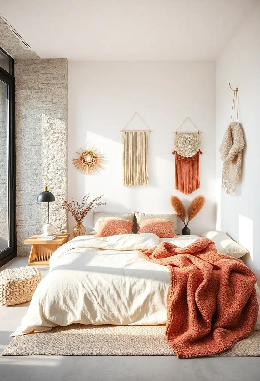 Scandinavian Bedroom With Wool Wall Hangings Adding Texture and Warmth Against Clean, Bright Walls
