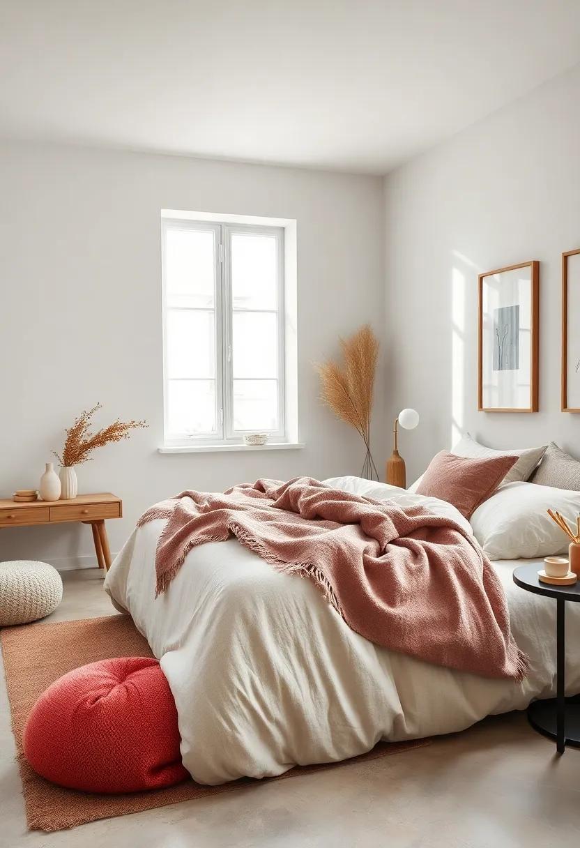 Tranquil Bedroom Scene Featuring Wool Throws and Simple Wooden Frames With Harmonious Scandinavian Color Balance