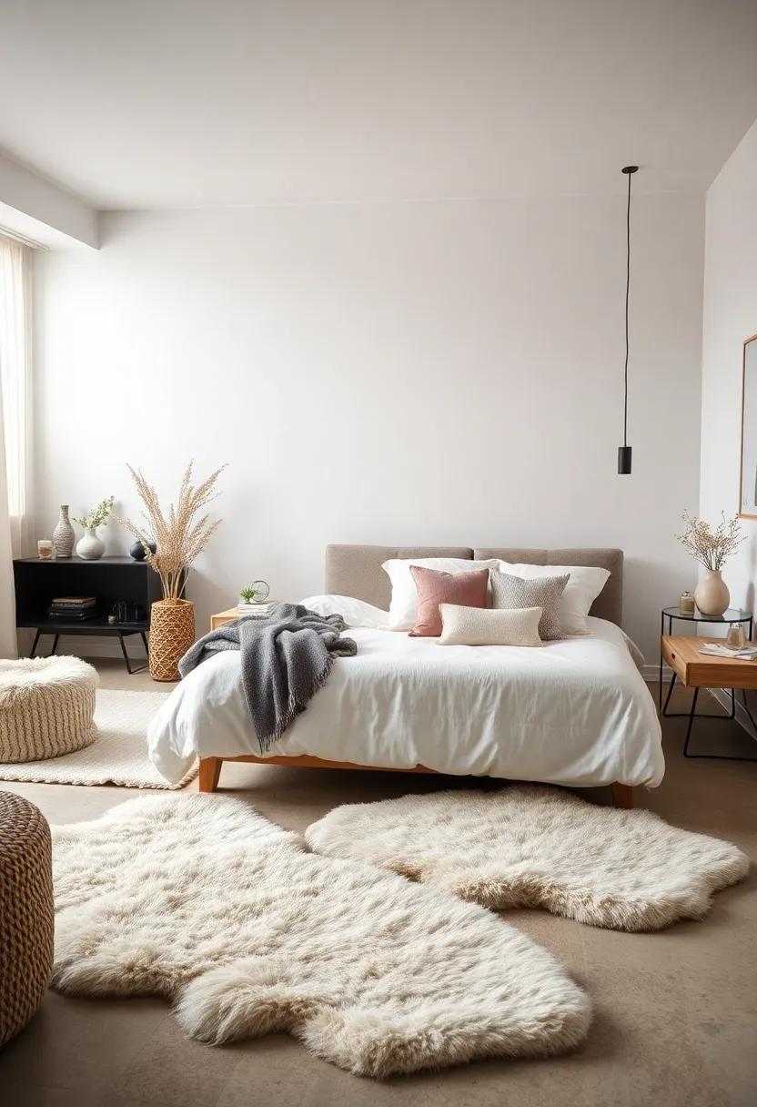 Neutral Palette Bedroom With Wool Cushions and Sheepskin Rugs Creating a Serene and Inviting Scandinavian Atmosphere