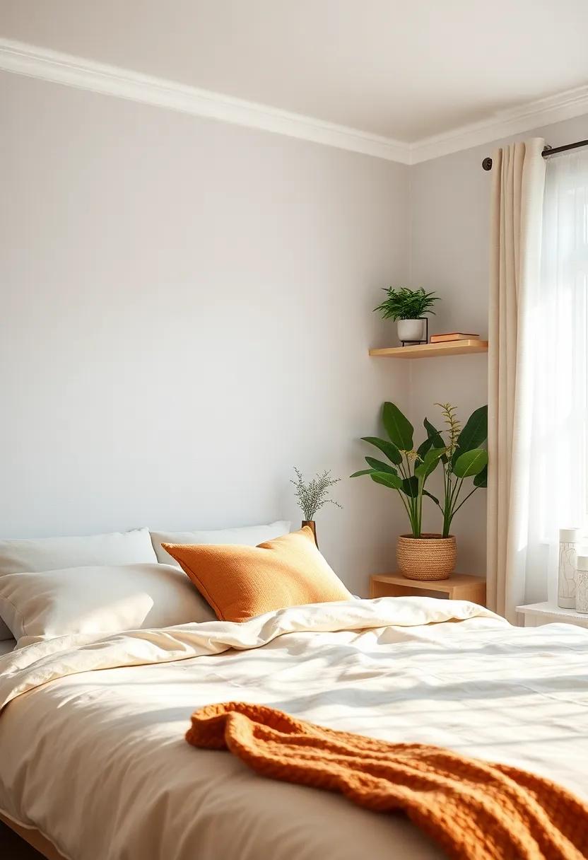 Serene Bedroom Corners Highlighting Warm Wool Accents and Simple Scandinavian Shelving With Green Plants