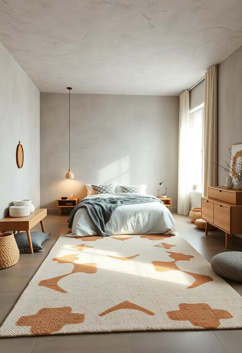 Wool Rug Patterns in Subtle Colors Anchoring A Minimalist Scandinavian Bedroom With Organic Shapes and Light Wood Furnishings