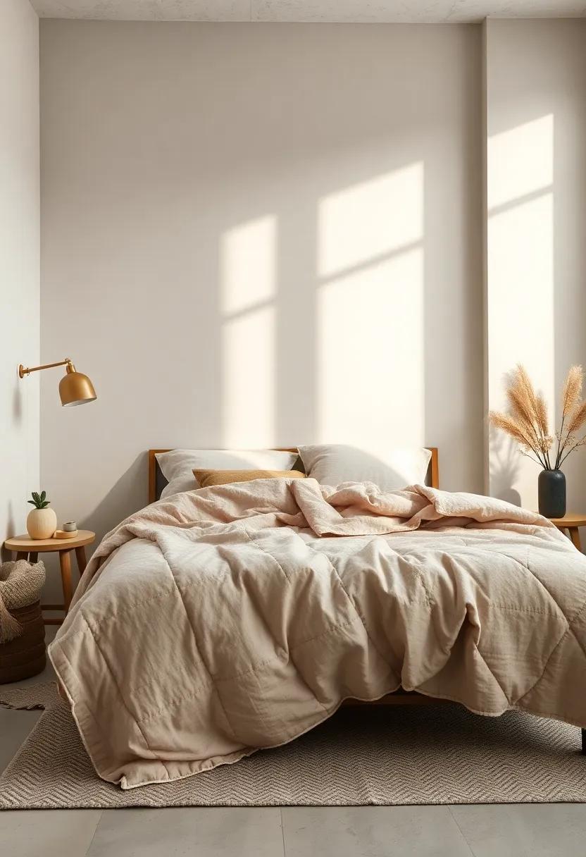 Artistic Composition of Wool Fabrics and Scandinavian Ceramics Set on a Light Wood Bench Beside a Spacious Bedroom