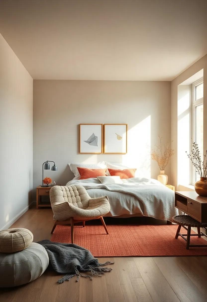 Minimalist Scandinavian Bedroom with a Wool Accent Chair and Soft Natural Light Producing Warmth and Calmness