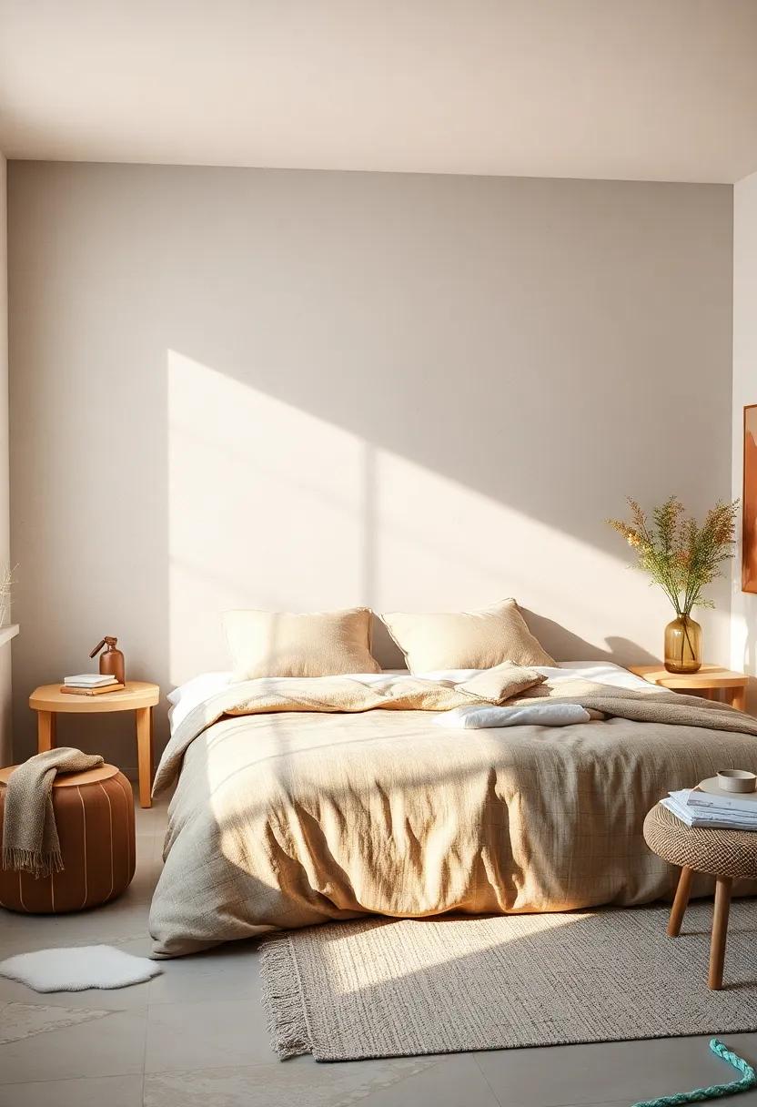 Bright and Airy Bedroom Featuring Muted Wool Bedding and Clean Lines Reflecting Calm Scandinavian Essence