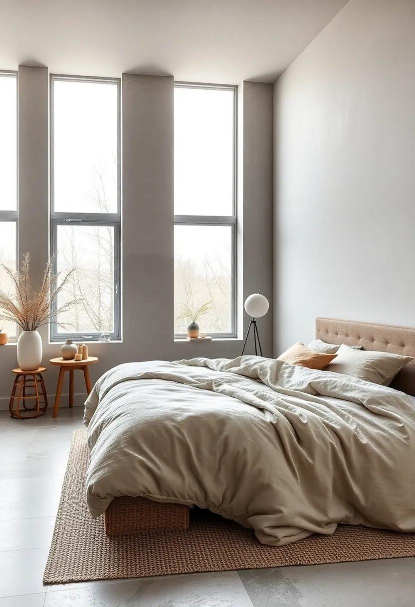 Soft Woolen Pillows Arranged on a Neutral Linen Bedspread Set in a Calming Scandinavian Bedroom Design