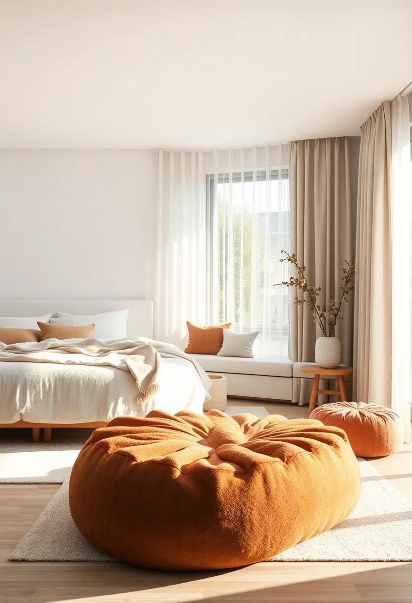 Inviting Reading Nook in a Scandinavian Bedroom Featuring Wool Poufs and Gentle Afternoon Light Through Sheer Curtains