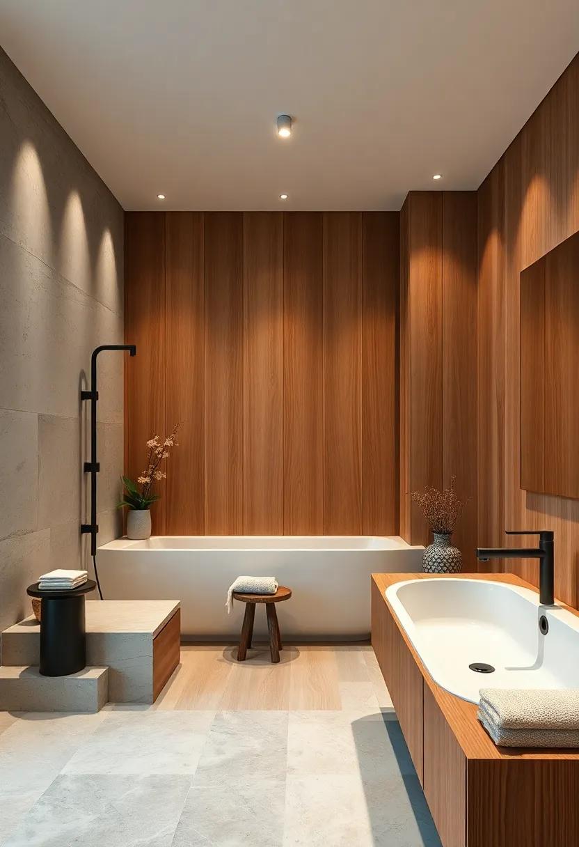 Matte Black Fixtures Paired with Honey-Toned Wood for Spa-Like Serenity
