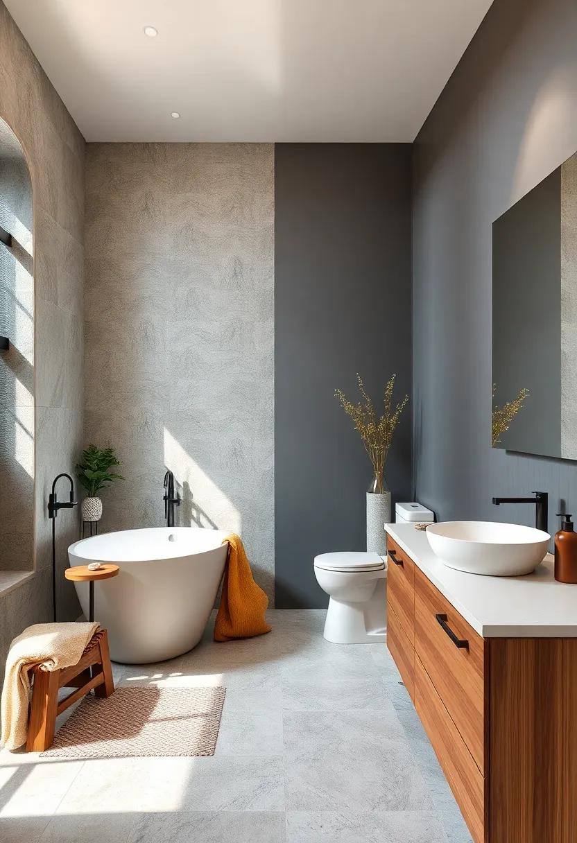 Balancing Cool Tones with Warm Wood for a Serene Bathroom Atmosphere