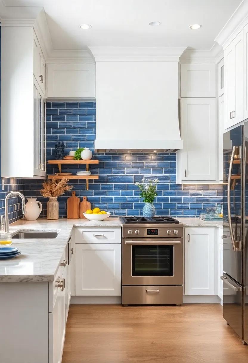 Think About Backsplash tiles: Select blue glass or ceramic tiles ⁢for your backsplash to introduce ​a splash of color behind ‍your white cabinetry