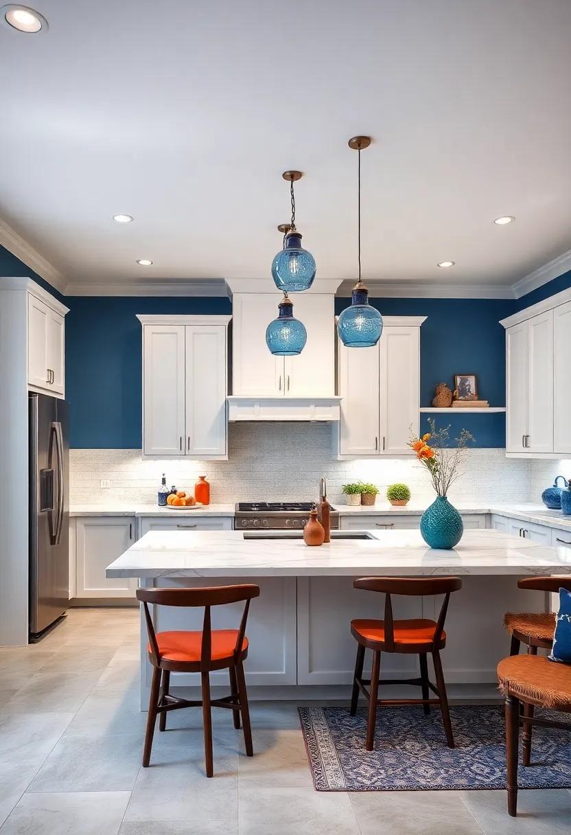 Install statement Lighting: Hang ⁣blue or glass⁣ pendant lights ⁣above your kitchen island ⁤to create an​ eye-catching​ focal point