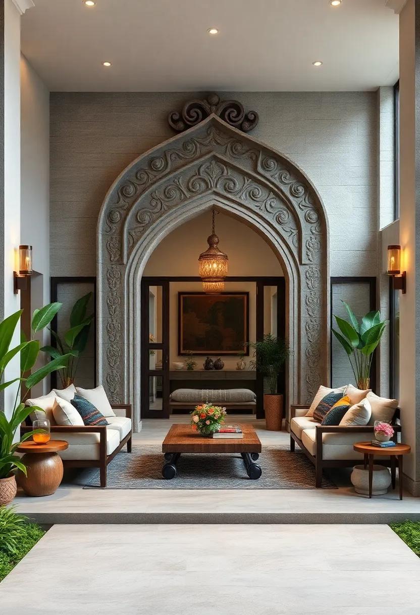 Graceful Front Yard Elegance: Balinese Carved Entrance Inspiration
