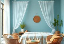 Creating Serenity: A Beach-Themed Bedroom with Light Blue Walls and Rattan Charm